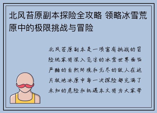 北风苔原副本探险全攻略 领略冰雪荒原中的极限挑战与冒险